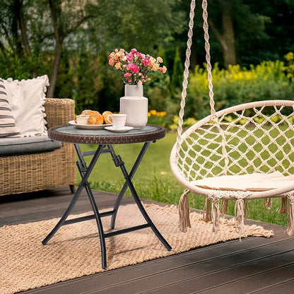 VINGLI 19in Modern Brown Rattan Folding Glass Outdoor Side Table, Small Patio Table with Tempered Glass Top,Round,1 Pack