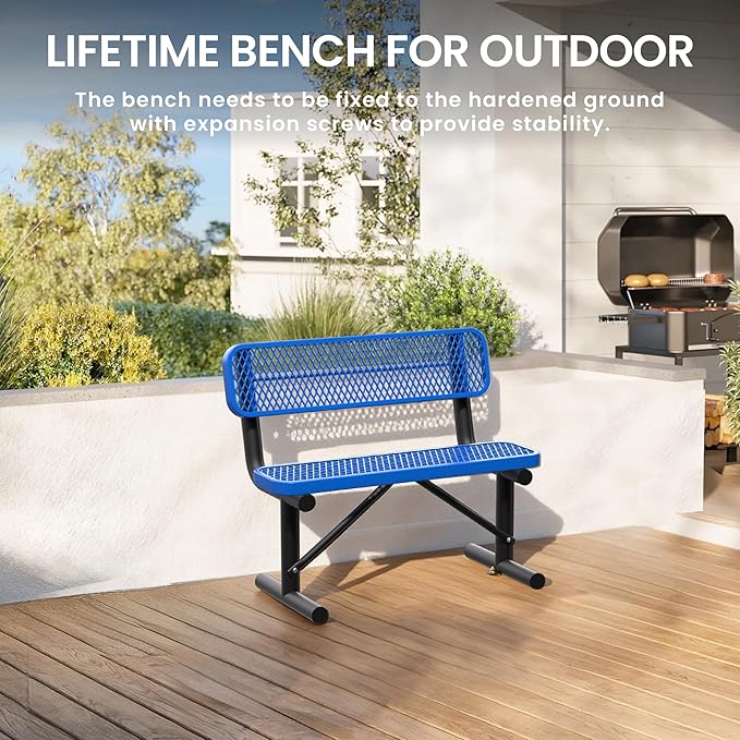 Heavy Duty Park Bench with Back Portable Frame, Outdoor Steel Bench with Backrest, Outdoor Park Bench Expanded Metal Mesh Bench for Lawn, Park, Deck, Garden, Patio, Porch, Black (Blue, 4FT)