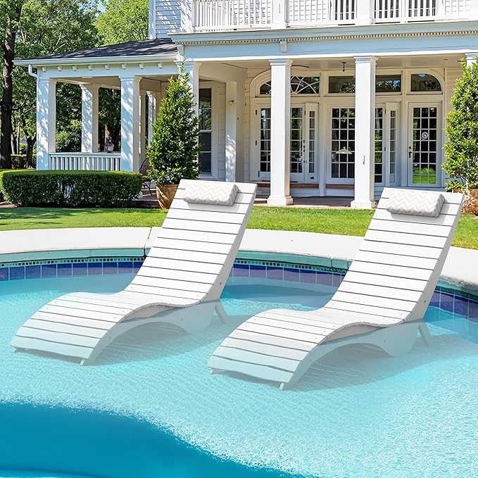 Pool Lounge Chairs Set of 4 - Anti-Floating HDPS Design for Pools & Backyard Sun Decks, Weighted Pool Chairs and Lounges for Poolside or Outside, Includes Headrest, White