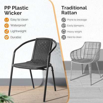 VINGLI PE Rattan Outdoor Dining Chairs Set of 4, Plastic Stackable Patio Chairs for Indoor, Porch, Restaurant, Garden, Black