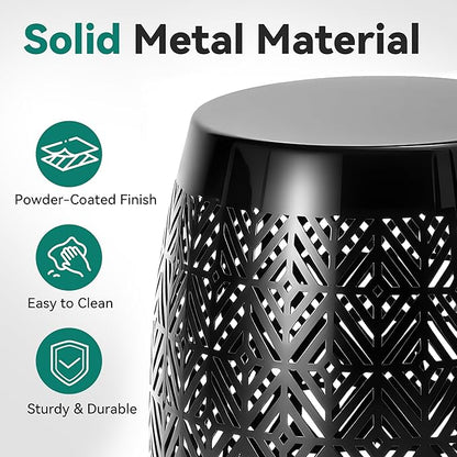 18" Cutout Metal Outdoor Side Table with 3-Mode LED Lights, Modern Decorative Drum End Table, Versatile Coffee Table/Garden Stool/Night Stand/Plant Stand for Patio, Living Room, Bedroom