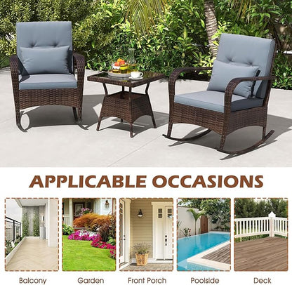 ORALNER 3 Pieces Patio Furniture Set, Outdoor Wicker Rocking Chairs with Cushions, Pillows, Glass Coffee Table, Rattan Bistro Rocker Set for Balcony Front Porch Poolside Garden Deck Yard (Grey)
