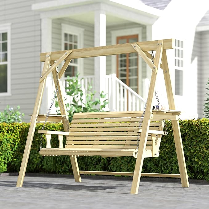 Outsunny 3 Seat Porch Swing with Stand, Wooden Patio Swing Chair with Side Tables and Metal Chains - Photo 9