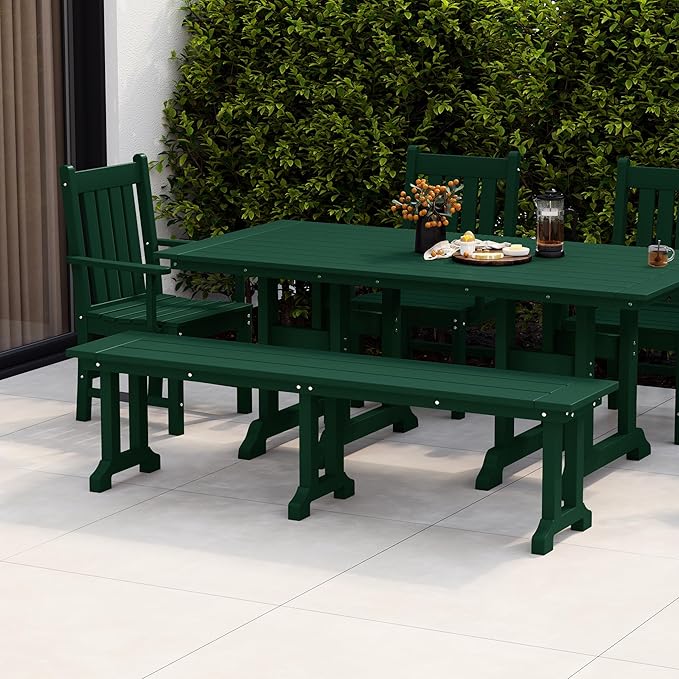 WestinTrends Malibu 65" Outdoor Dining Bench, All Weather Resistant Poly Lumber Patio Garden Bench Trestle Long Bench for Both Outdoor and Indoor, Dark Green