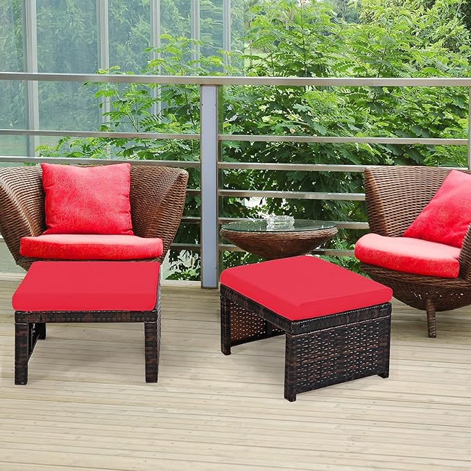 Tangkula 2 Pieces Patio Rattan Ottomans, All Weather Outdoor Footstool Footrest Seat with Soft Cushion, Hidden Zipper - Photo 4