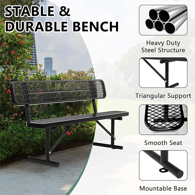 6FT Outdoor Metal Bench with Backrest, Commercial Park Bench Garden Patio Sitting Bench for 2-4 People, Heavy-Duty Steel Benches,Weather Resistant , for Garden, School, Waiting Area, Backyard,Porch