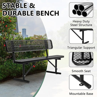 6FT Outdoor Metal Bench with Backrest, Commercial Park Bench Garden Patio Sitting Bench for 2-4 People, Heavy-Duty Steel Benches,Weather Resistant , for Garden, School, Waiting Area, Backyard,Porch