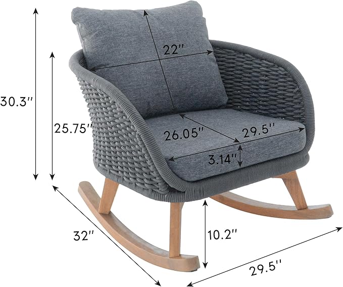 Outdoor Wooden Rocking Chair, Patio Rocking Chair with Soft Cushions & Wood Leg - Photo 2