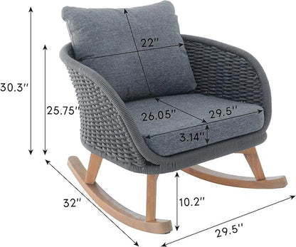 Outdoor Wooden Rocking Chair, Patio Rocking Chair with Soft Cushions & Wood Leg, Rocker Chairs with Solid Wood for Indoor, Outdoor, Backyard, Garden, Yard, Patio (Grey)