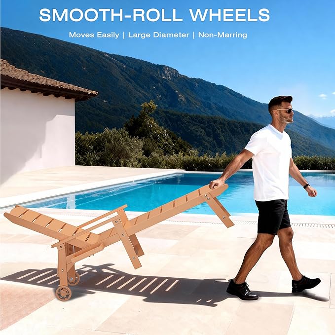 Outdoor Chaise Lounge Chair with Wheels, 6.3ft Full-Length Patio Pool Lounge Chairs,5-Position Adjustable Backrest (Flat Recline), Flip-Down Side Tray,HIPS All-Weather for Poolside, Deck,Beach
