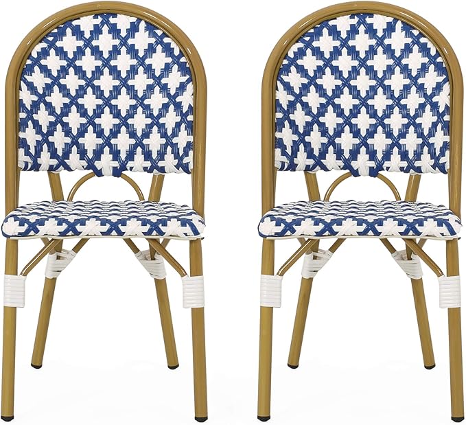 Christopher Knight Home Anastasia Outdoor French Bistro Chair (Set of 2), Blue + White + Bamboo Print Finish - Photo 1