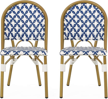 Christopher Knight Home Anastasia Outdoor French Bistro Chair (Set of 2), Blue + White + Bamboo Print Finish