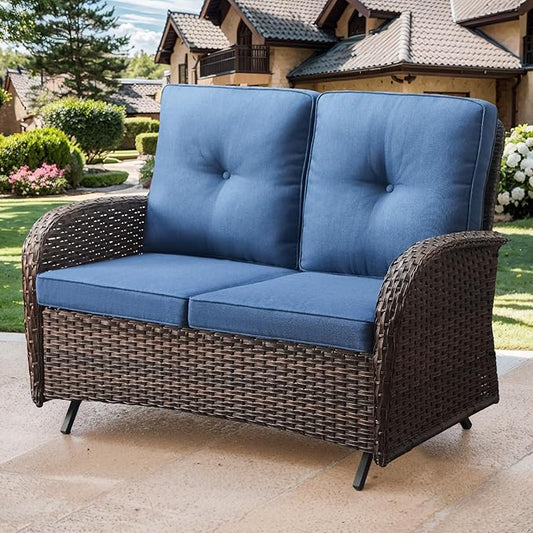 Patio Loveseat Wicker Loveseat Rattan Glider Sofa with Curved Armrest Thicking Back & Seat Cushions for Garden Balcony Backyard Brown Wicker|Blue Cushions (B) Patio Loveseat Glider
