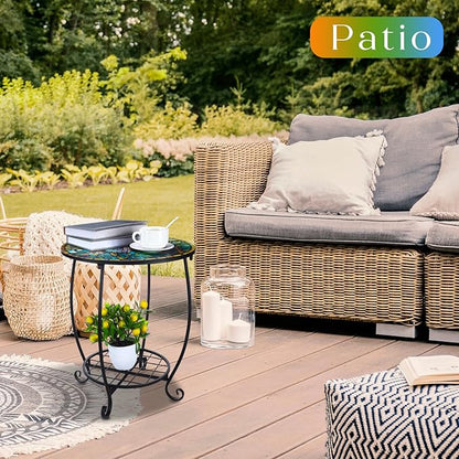 Outdoor Side Table Round Small Mosaic Patio Accent Indoor End Plant Coffee Tea Table for Yard Patio Porch Garden Living Room, Bedroom(Butterfly Style,16 Inch)