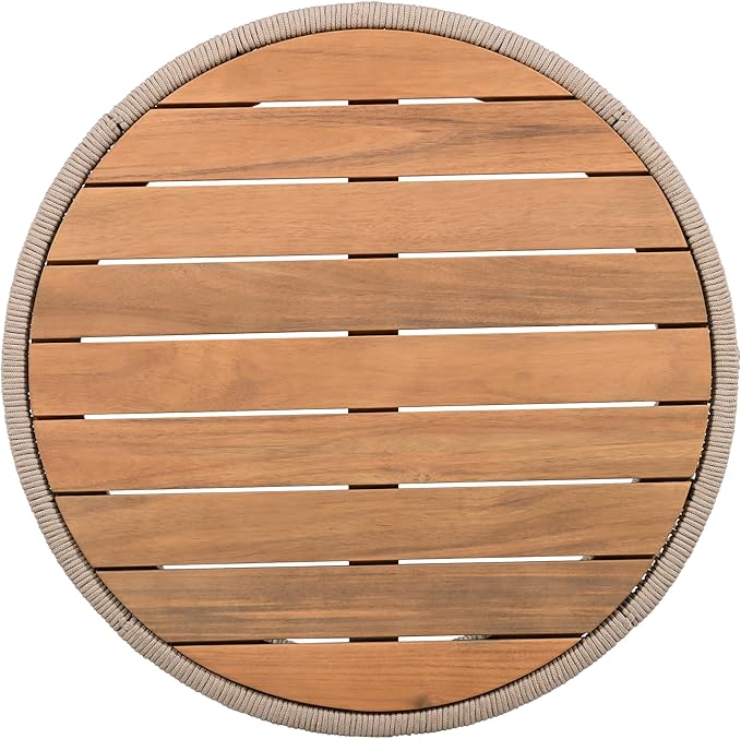 Outdoor Rattan Coffee Table with Solid Acacia Wood Tabletop, Patio Round Coffee Table Side Table (Beige) - Photo 6