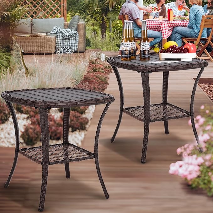 Outdoor Patio Side Table Set of 2 Small Brown Wicker Rattan End Table for Outside Storage Coffee Table with Poly Lumber Table Top for Garden Lawn Pool Porch Deck