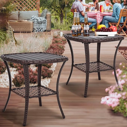Outdoor Patio Side Table Set of 2 Small Brown Wicker Rattan End Table for Outside Storage Coffee Table with Poly Lumber Table Top for Garden Lawn Pool Porch Deck
