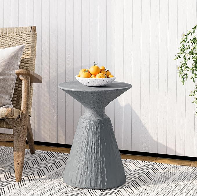 SUNBURY Outdoor Mushroom Side Table, Modern Concrete End Table, Round Accent Table w Marble Top for Plant Stand, Balcony, Courtyard, Spotted Grey