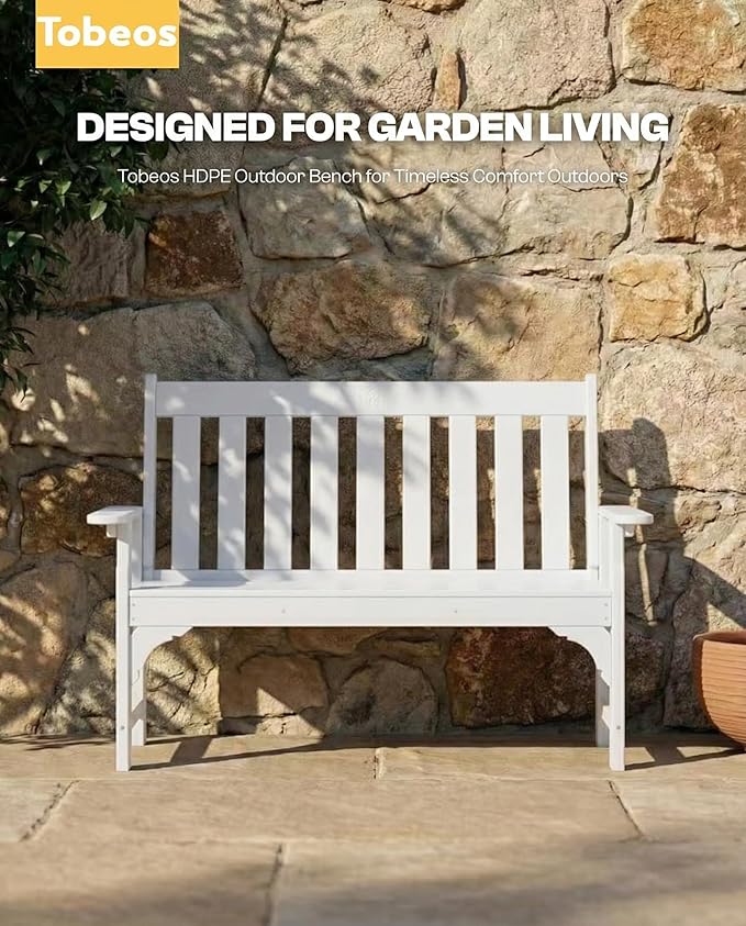 2-Person Outdoor Garden Bench, HDPE All-Weather Patio Bench with Backrest & Armrests, Heavy Duty Outdoor Seating for Porch, Backyard & Park, 660 lbs (White, 1 Bench)