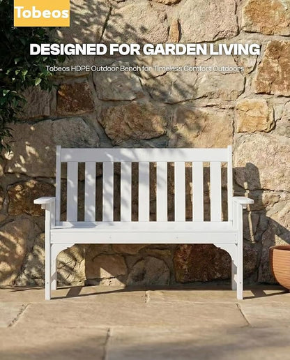 2-Person Outdoor Garden Bench, HDPE All-Weather Patio Bench with Backrest & Armrests, Heavy Duty Outdoor Seating for Porch, Backyard & Park, 660 lbs (White, 1 Bench)