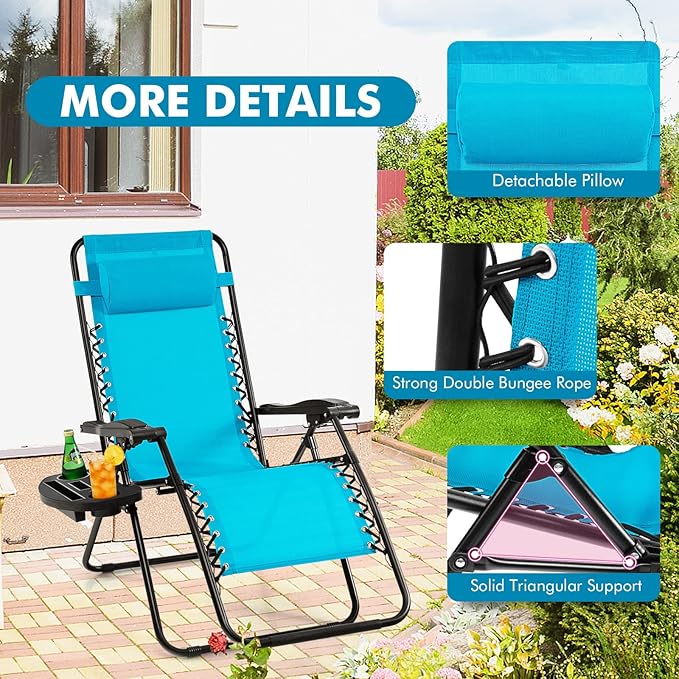Giantex 2 PCS Zero Gravity Chair, Outdoor Chaise Lounge with Cup Holder, Patio Folding Chairs Recliner for Yard Pool Lawn Balcony, Blue