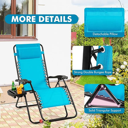 Giantex 2 PCS Zero Gravity Chair, Outdoor Chaise Lounge with Cup Holder, Patio Folding Chairs Recliner for Yard Pool Lawn Balcony, Blue