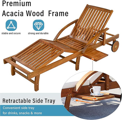 Acacia Wood Outdoor Patio Chaise Lounge, All Weather Reclining Lounge Chairs with Adjustable Backrest& Leg Rest, 2 Wheels, Headrest, Retractable Side Tray for Poolside Garden Beach (Beige-3.17)