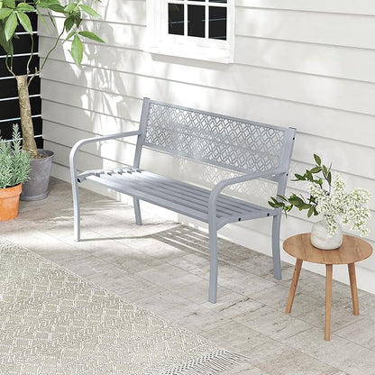 Tangkula 50 Inches Outdoor Garden Bench, Metal Patio Park Bench with Geometric Lattice Backrest, Armrests and Slatted Seat, Outdoor Loveseat Chair for Porch, Lawn and Yard (Grey)