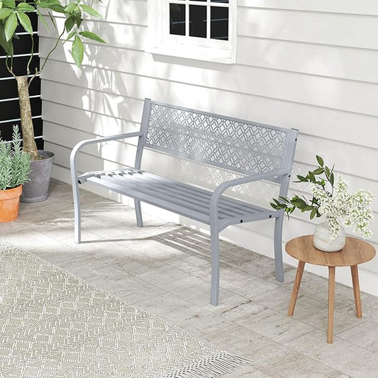 Tangkula 50 Inches Outdoor Garden Bench, Metal Patio Park Bench with Geometric Lattice Backrest, Armrests and Slatted Seat, Outdoor Loveseat Chair for Porch, Lawn and Yard (Grey)