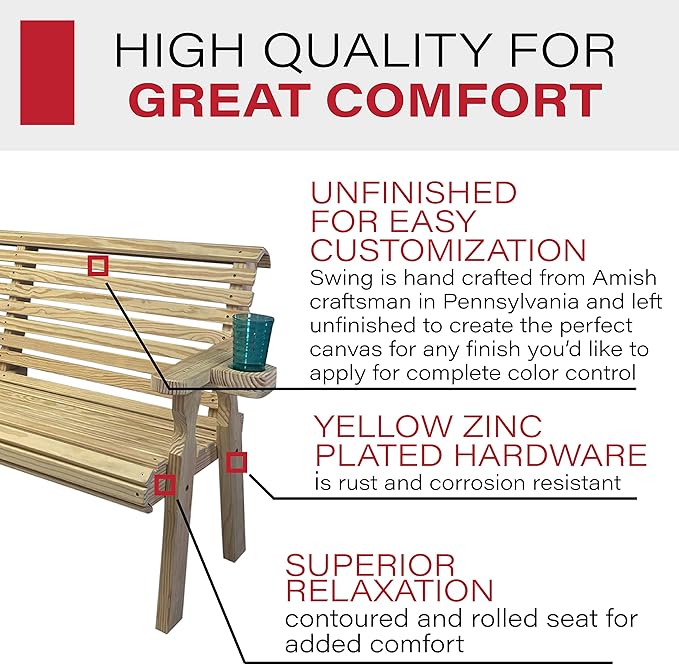 Amish Casual Heavy Duty Pressure Treated 5 Foot Outdoor Garden Bench with Cup Holders - Amish Crafted Roll Back Design in Unfinished, 700 Lb Weight Capacity