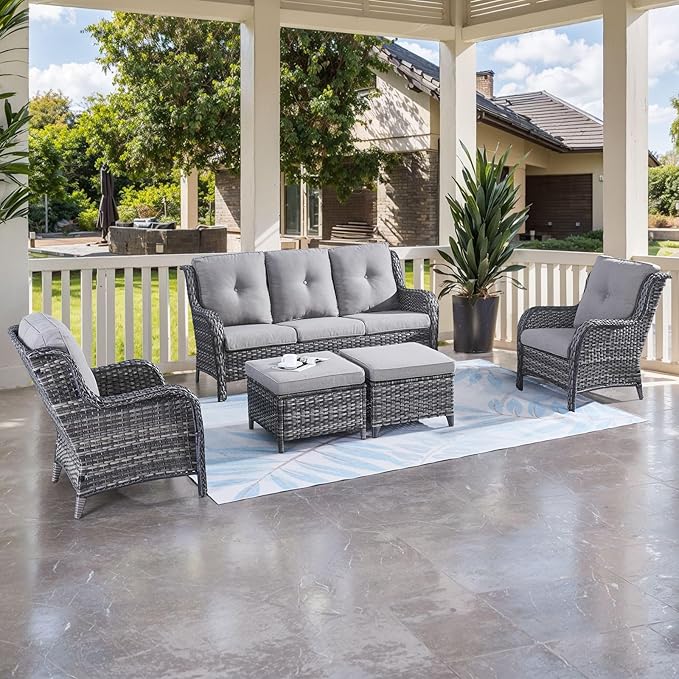 HUMMUH Outdoor Furniture 5 Pieces Patio Furniture Set Wicker Outdoor Sectional Sofa with 2 Patio Chairs,Ottomans