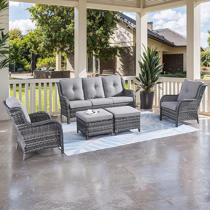 HUMMUH Outdoor Furniture 5 Pieces Patio Furniture Set Wicker Outdoor Sectional Sofa with 2 Patio Chairs,Ottomans