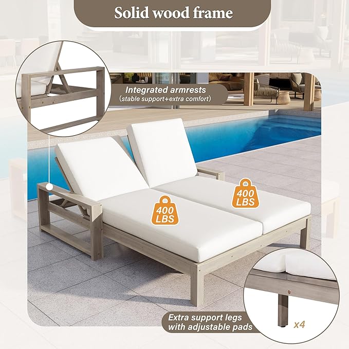 Acacia Wood Outdoor Double Chaise Lounge with 5-Position Adjustable Backrest and Armrest - Photo 5