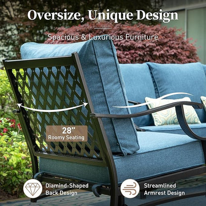 Metal Outdoor Rocker Patio Chairs Set of 2 with 5.75" Extra Thick Cushion, 2 Piece High Back Rocker Patio Chair All Weather Outdoor Furniture Seating for Deck Balcony Porch, Denim Blue