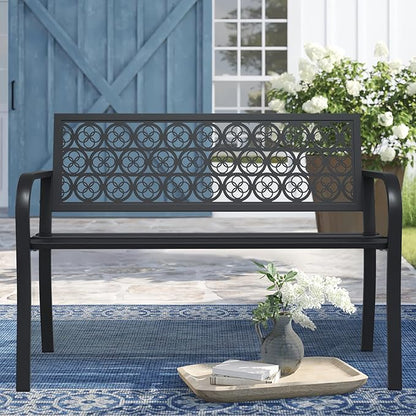 Black Outdoor Bench, Metal Weatherproof Garden Bench Cast Iron Heavy-Duty Patio Bench with Decorative Backrest for Proch Park 880lb Capacity