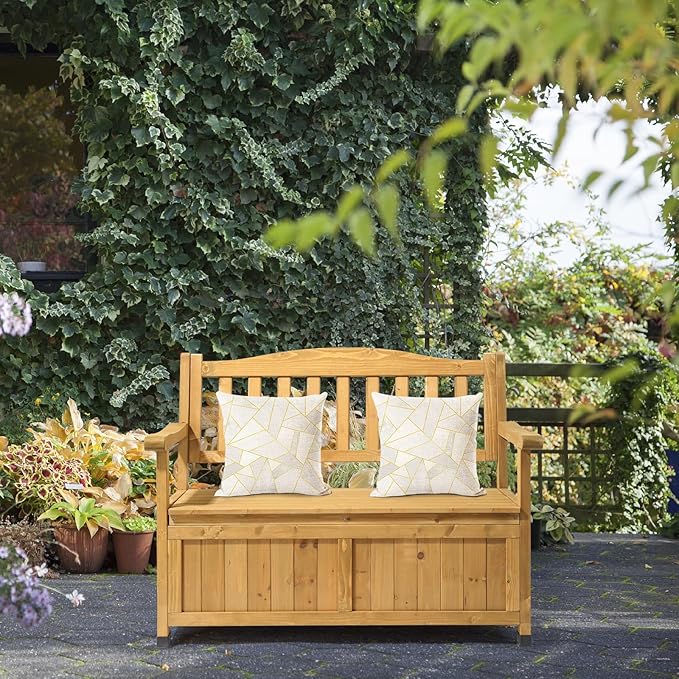 44" Large Wood Deck Box,Outdoor Garden Storage Container,Wooden Outdoor Patio Storage Bench,Patio Furniture Storage Bench,with Backrest & Armrest,for Porch Yard Lawn Poolside Backyard (Yellow)