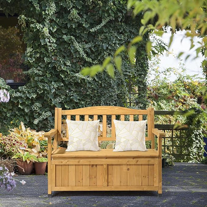 44" Large Wood Deck Box,Outdoor Garden Storage Container,Wooden Outdoor Patio Storage Bench,Patio Furniture Storage Bench,with Backrest & Armrest,for Porch Yard Lawn Poolside Backyard (Yellow)