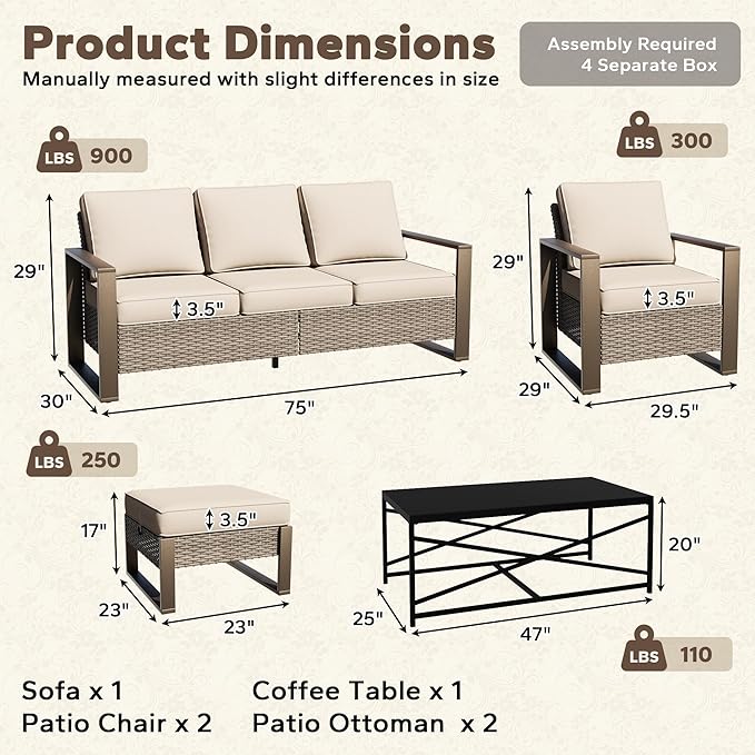 6 Pieces Metal Wicker Patio Furniture Set - 75" Sofa, 2 Armchairs and 2 Ottomans - Photo 2