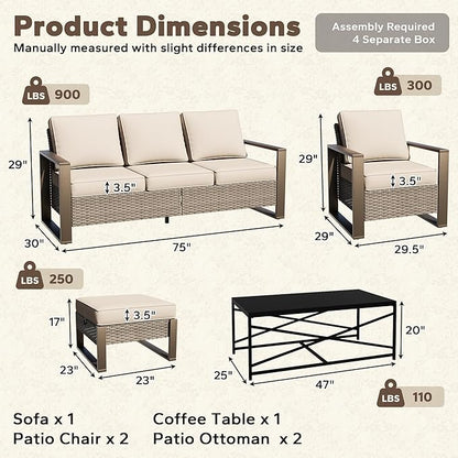 6 Pieces Metal Wicker Patio Furniture Set - 75" Sofa, 2 Armchairs and 2 Ottomans, 1 Coffee Table All Weather Rattan Outdoor Conversation Furniture with Washable Cushion for Deck Porch, Beige