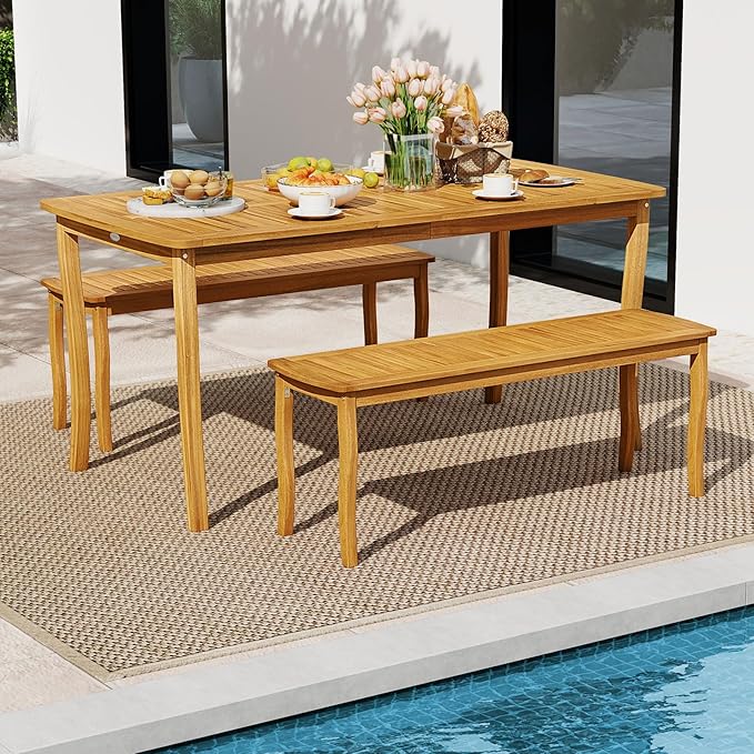 RELAX4LIFE 2-Person Patio Outdoor Bench - Acacia Wood 47’’ Long Backless Garden Bench w/Slatted Seat, Wooden Farmhouse Indoor Outside Dining Loveseat for Entryway Yard Porch Park, 800 LBS Max Load (1)