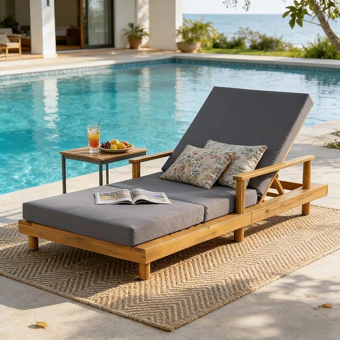 Merax Acacia Wood Outdoor Chaise Lounge Chair Set of 4, 3-Position Adjustable Backrest & 4" Thick 3-Fold Removable Cushion, 76.8" L Modern Patio Sun Lounger for Garden Pool Beach Yard, Dark-Grey+Teak