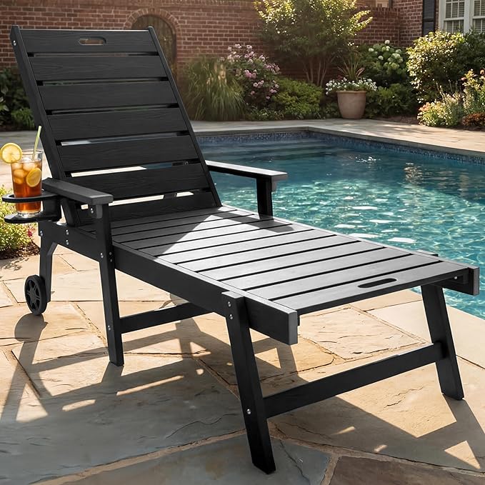 YEFU Lounge Chair Outdoor Chaise : Outdoor Chaise Lounge with 5-Level Adjustable Backrest, Cup Holders & Wheels, All-Weather Resistance Chaise Lounge for Outside/Patio/Beach/Deck, Black