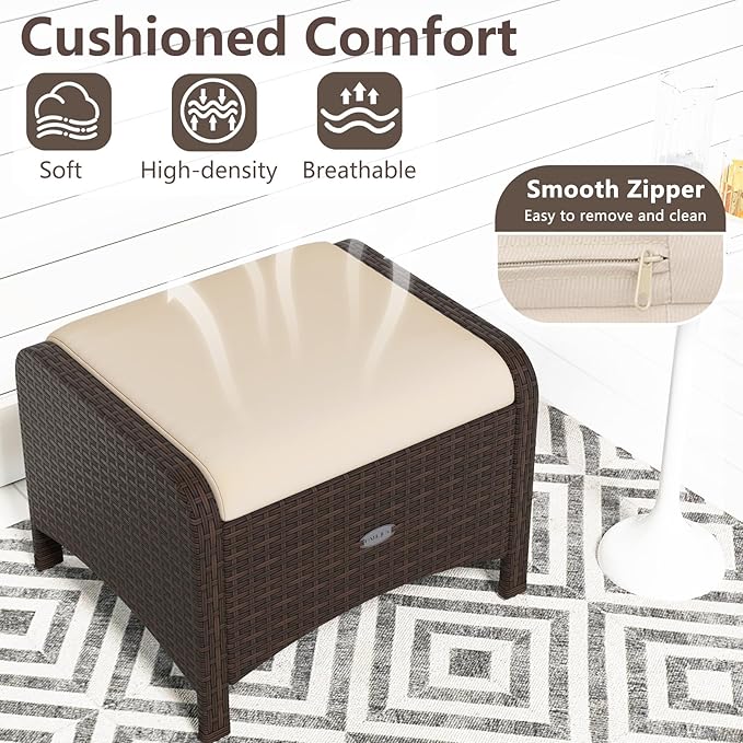 RELAX4LIFE Wicker Outdoor Ottomans for Patio - Set of 2 Rattan Footstools w/Removable Cushions - Photo 6