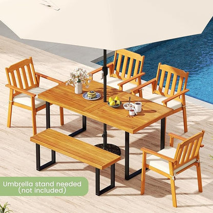 RELAX4LIFE Outdoor Bench Acacia Wood - 48’’ Garden Patio Dining Bench w/Slatted Seat, Metal Legs, 2-Person Backless Picnic Loveseat, Farmhouse Indoor Outdoor Furniture for Entryway Deck Park Porch (2)