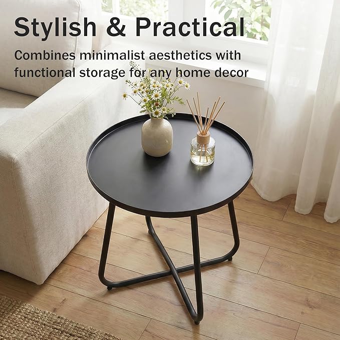 Outdoor Side Table, Indoor & Outdoor 18" Round Patio Side Table, Small Metal Side Table for Porch, Balcony, Living Room, Black