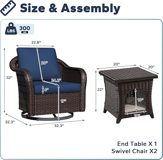 Outdoor Wicker 360 Degree Swivel Glider Rocker Chairs Set of 2 with Cat House Side Table, Patio Conversation Furniture Set with Washable Cushions for Garden, Poolside (Navy Blue)