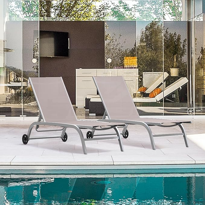 Domi Pool Lounge Chairs Set of 2, Adjustable Aluminum Outdoor Chaise Lounge with Wheels Patio Lounge Chairs, All Weather for Deck Lawn Poolside Backyard-Khaki Textilene