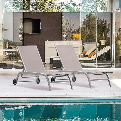 Domi Pool Lounge Chairs Set of 2, Adjustable Aluminum Outdoor Chaise Lounge with Wheels Patio Lounge Chairs, All Weather for Deck Lawn Poolside Backyard-Khaki Textilene