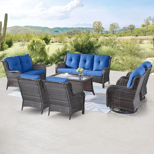 Belord 7 Piece Wicker Patio Furniture Set, Outdoor Swivel Rocker Chairs Set of 2 with Ottomans, 3 Seat Sofa and Loveseat - Photo 1