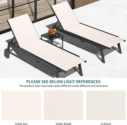 YITAHOME Patio Chaise Lounge Set of 3, Outdoor Lounge Chairs with Side Table, Padded Fabric, and Wheels, Adjustable Backrest Poolside Loungers for Pool Beach Patio Porch - Beige